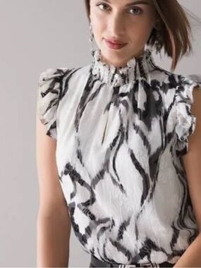 White House & Black Market Printed Mock Ruffle-Neck & Sleeves Women’s Top (L)